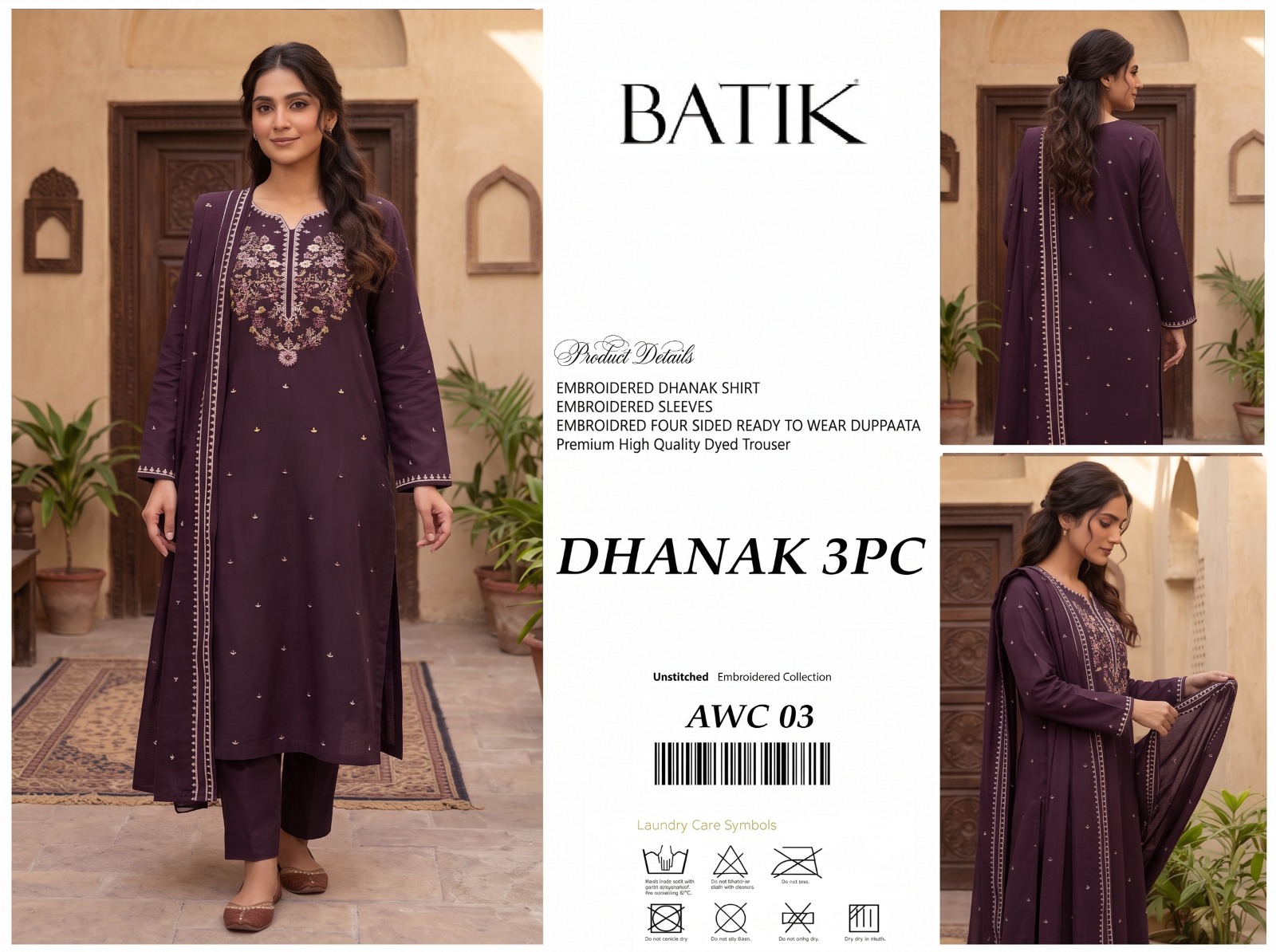 BATIK DHANAK  STUFF AIRJET 3PC HIT  FULL HEAVY EMBROIDERY